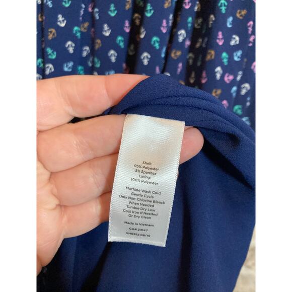 Talbots Midi Dress Women 12 Navy Nautical Anchor Print Tiered Boho Dark Romantic - Picture 12 of 13